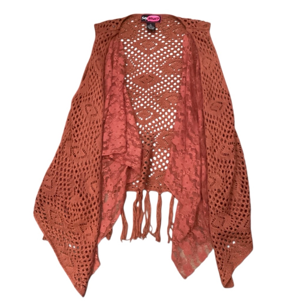 Vintage Say What? Knit Lace Fringe Crochet Rust Color Vest‎ Size XL